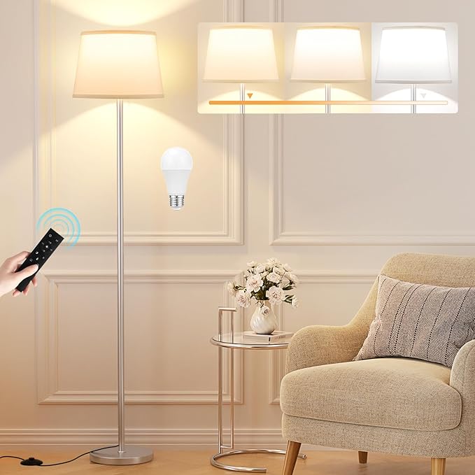 【Upgraded】Floor Lamps for Living Room, Modern Floor Lamp with Remote Control, Dimmable Colors Temperature Standing Lamp Foot Switch, 9W Bulb Tall Lamps for Bedroom Office Kid Room - Silver - LeafyLoom