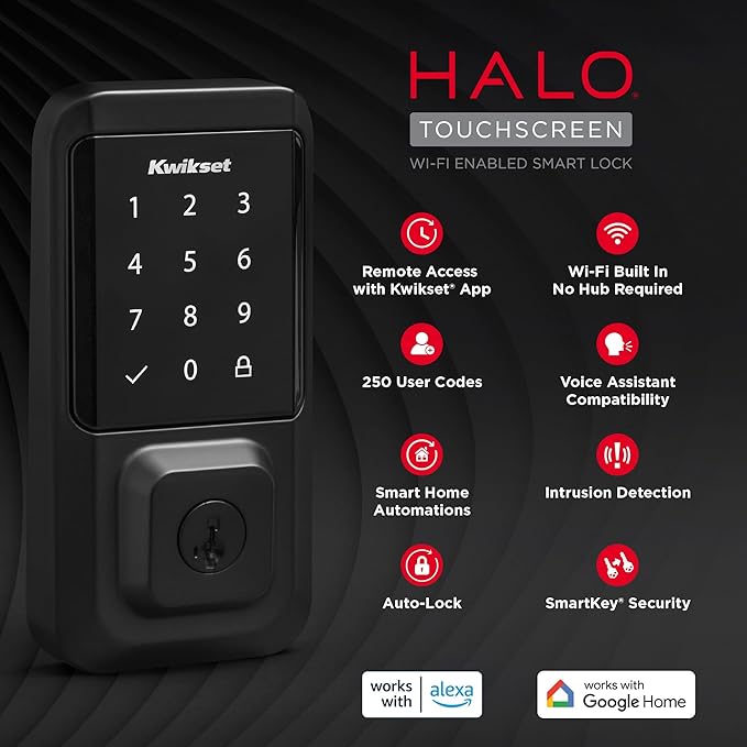Kwikset Halo Wi-Fi Smart Lock, Keyless Entry Front Door Touchscreen Deadbolt, Matte Black Finish, Grade AAA Certified, UL Listed, Easy Install No Hub, App Control, Digital Remote Lock Kwikset