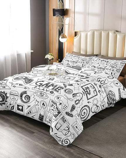 Erosebridal Gaming Comforter Set, Kids Gamepad Cartoon Bedding Set Video Games Gamers Duvet Set Queen Hip Hop Graffiti Quilt Set Racing Car Comforter Set, Black White Printed Bedroom Decor - LeafyLoom