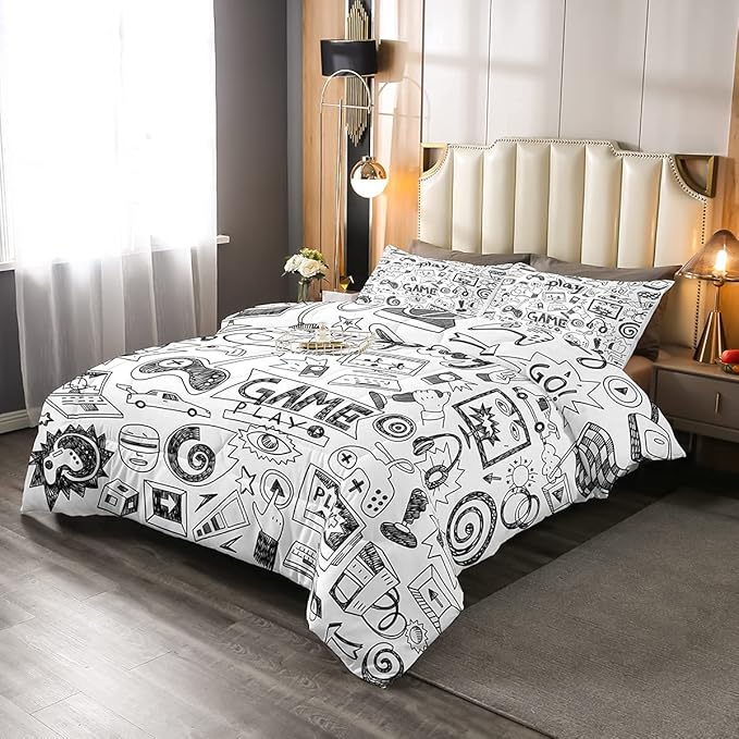 Erosebridal Gaming Comforter Set, Kids Gamepad Cartoon Bedding Set Full,Video Games Gamers Duvet Set Hip Hop Graffiti Quilt Set Racing Car Comforter Set, Black White Printed Bedroom Decor - LeafyLoom
