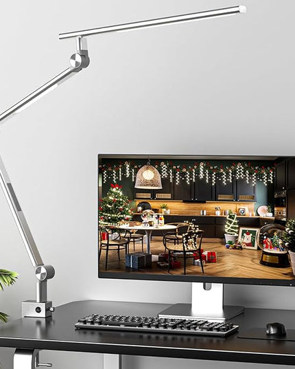 LED Desk Lamp, Desk Light for Home Office, Dual Light Source 18W Brightest, Eye-Caring Optical Lens, Task Lamp, 5 Color Modes & Brightness, Aluminum Alloy Clip on Lamp, Clamp Lamp, Silver - LeafyLoom