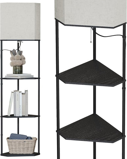 SUNMORY Sector corner shelf lamp 3 color temperatures LED Bulb,corner lamp with linen lampshade, floor lamps for living room, bedroom, study，black corner lamp with shelves - LeafyLoom