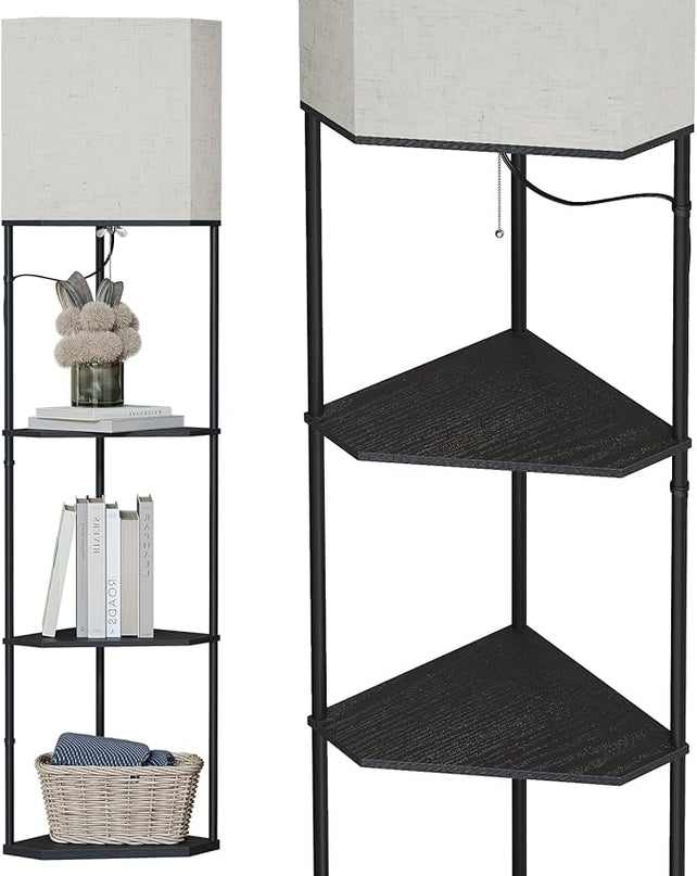 SUNMORY Sector corner shelf lamp 3 color temperatures LED Bulb,corner lamp with linen lampshade, floor lamps for living room, bedroom, study，black corner lamp with shelves - LeafyLoom