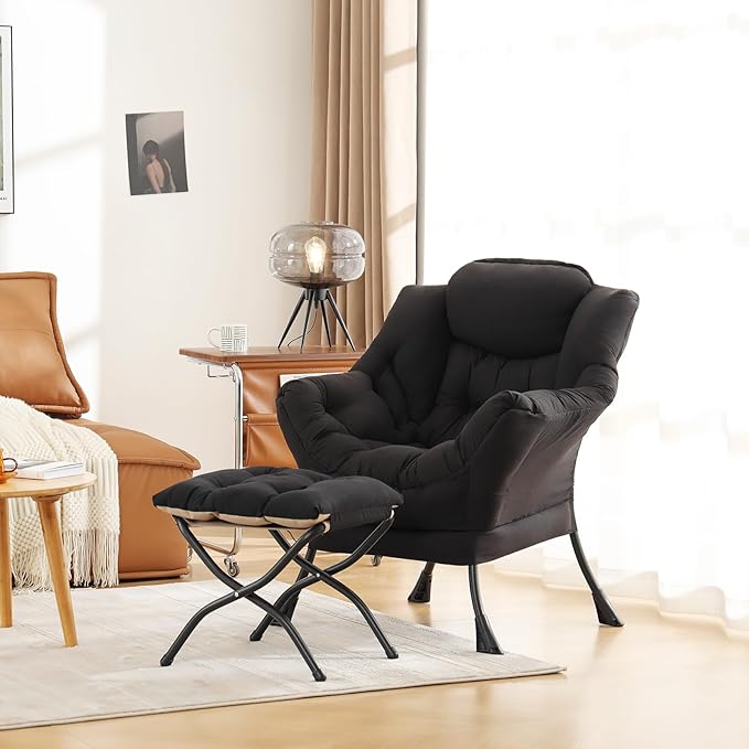 Cozy Lazy Chair and Ottoman, Large Contemporary Accent Lounge Chair Set, Leisure Upholstered Reading Armchair for Bedroom, Living Room, Dorm Rooms, Office - LeafyLoom