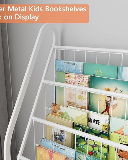 Large Kids Bookshelf With 2 Storage Box, 5 Tier Metal Kids Bookcases Children's Toy Storage Rack, Book Unit Storage Shelf for Playroom Bedroom Study Room, Idea Gifts for Boys and Girls KDSJ2305-White - LeafyLoom