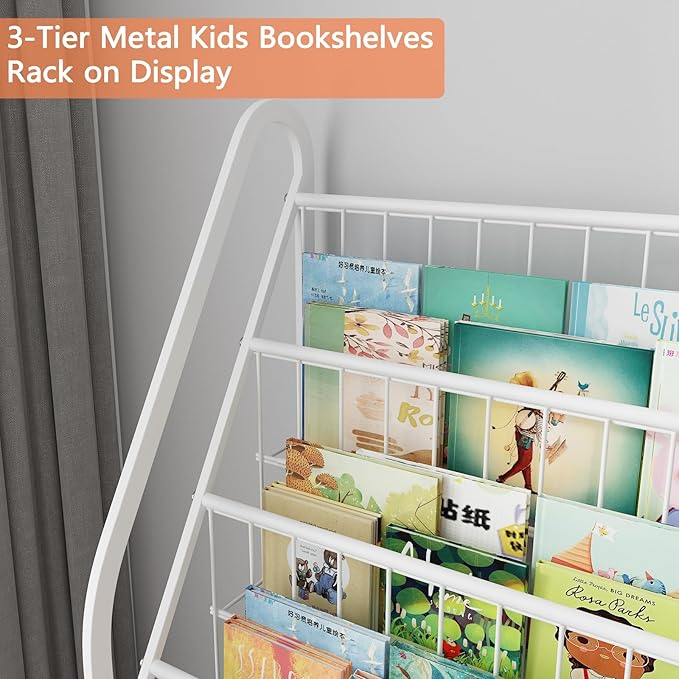 Large Kids Bookshelf With 2 Storage Box, 5 Tier Metal Kids Bookcases Children's Toy Storage Rack, Book Unit Storage Shelf for Playroom Bedroom Study Room, Idea Gifts for Boys and Girls KDSJ2305-White - LeafyLoom