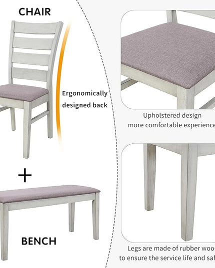 Retro 59" L Rectangular Unique Legs and 4 Upholstered Chairs & 1 Bench, Rubber Wood, Easy Assembly, for Kitchen, Room, 6 Piece Dining Table Set, White 28 - LeafyLoom