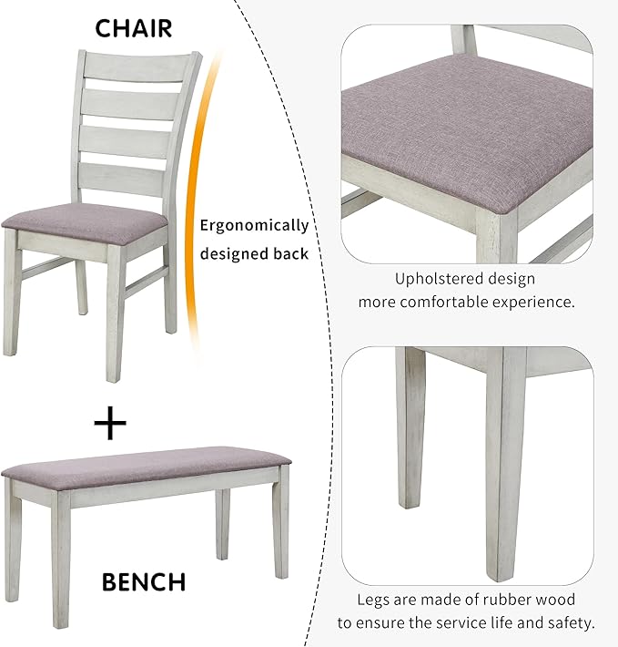 Retro 59" L Rectangular Unique Legs and 4 Upholstered Chairs & 1 Bench, Rubber Wood, Easy Assembly, for Kitchen, Room, 6 Piece Dining Table Set, White 28 - LeafyLoom