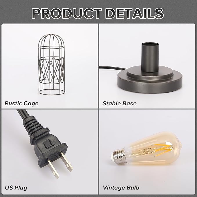 Small Industrial Lamp, Touch Control 3 Way Dimmable Table Lamp, Rustic Iron Steampunk Edison Lamp Vintage Nightstand Lamp Bedside Light for Bedroom Living Room, Corner, Hallway, LED Bulb Included - LeafyLoom
