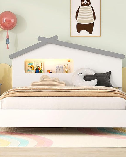 Bellemave Full Size Platform Bed with House-Shaped Headboard and Motion Activated Night Lights,Wood Full Kids Bed Frame for Teens, Girls,Boys(Full,White) - LeafyLoom