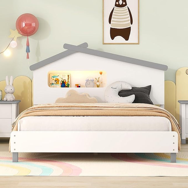 Bellemave Full Size Platform Bed with House-Shaped Headboard and Motion Activated Night Lights,Wood Full Kids Bed Frame for Teens, Girls,Boys(Full,White) - LeafyLoom