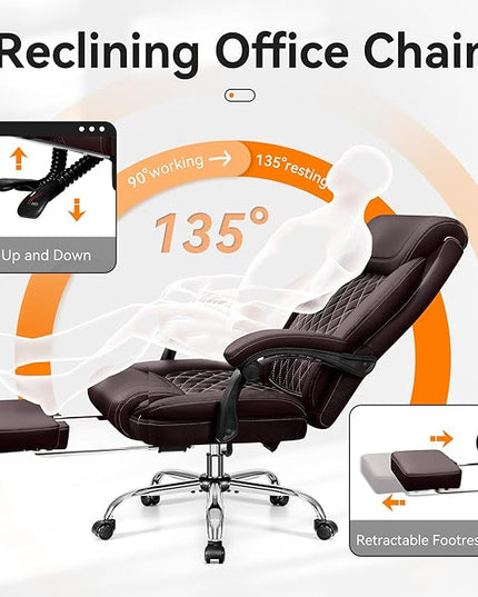 Office Chair, Executive Leather Chair Adjustable High Back, Ergonomic Computer Desk Chair Lumbar Support, Big and Tall Office Chair with Footrest, Comfy Reclining Chair for Home Office - LeafyLoom