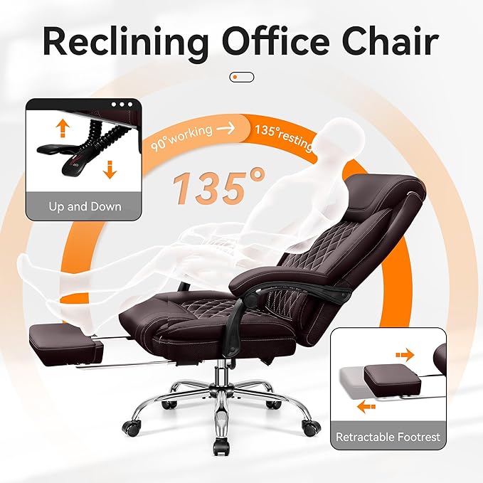 Office Chair, Executive Leather Chair Adjustable High Back, Ergonomic Computer Desk Chair Lumbar Support, Big and Tall Office Chair with Footrest, Comfy Reclining Chair for Home Office - LeafyLoom