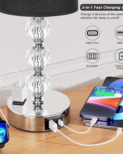 Black Touch Bedside Lamps for Bedrooms - Crystal Table Lamp with USB C+A Charging Port and AC Outlet Nightstand, 3 Way Dimmable Silver Small End Side Table Lamp for Living/Guest/Dinning Room/Kitchen - LeafyLoom