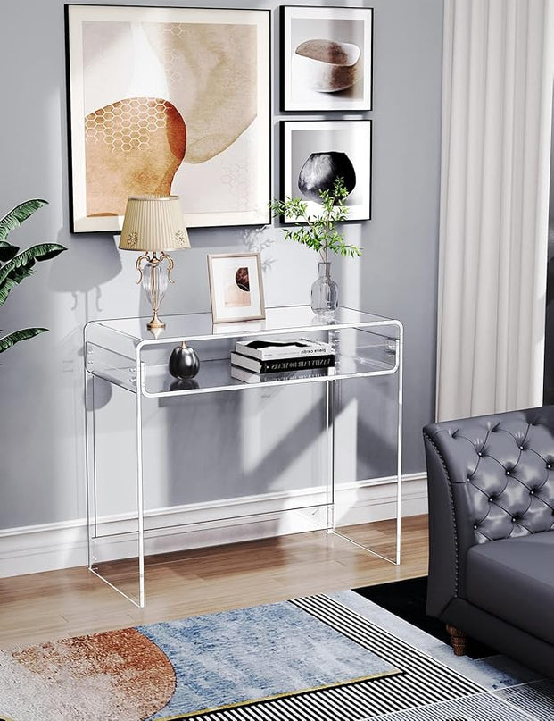 Acrylic Desk Laptop Study Table Home Office Console Table Entrance Table, 33.5'' x 15.7'' x 29.5'' (Clear) - LeafyLoom