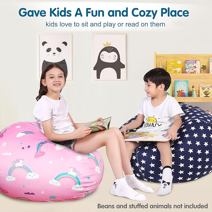 Lukeight Stuffed Animal Storage Bean Bag Chair Cover for Kids, Zipper Beanbag Chair Cover for Organizing Toddler & Kids' Rooms Plush Toys (Stars Navy, X-Large) - LeafyLoom