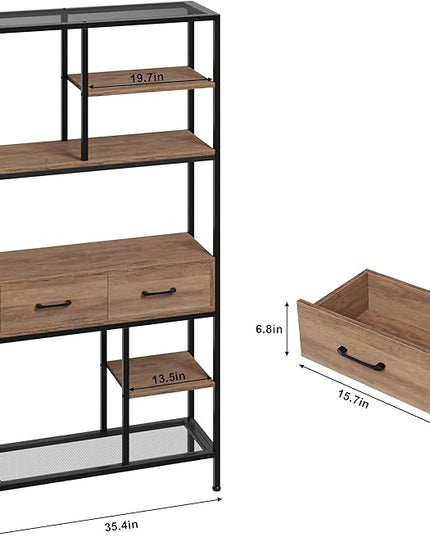 Book Shelf, Tall Bookcase with Storage, 6-Tier Industrial Bookshelf with 2 Wooden Drawers for Home Office and Living Room, Brown - LeafyLoom