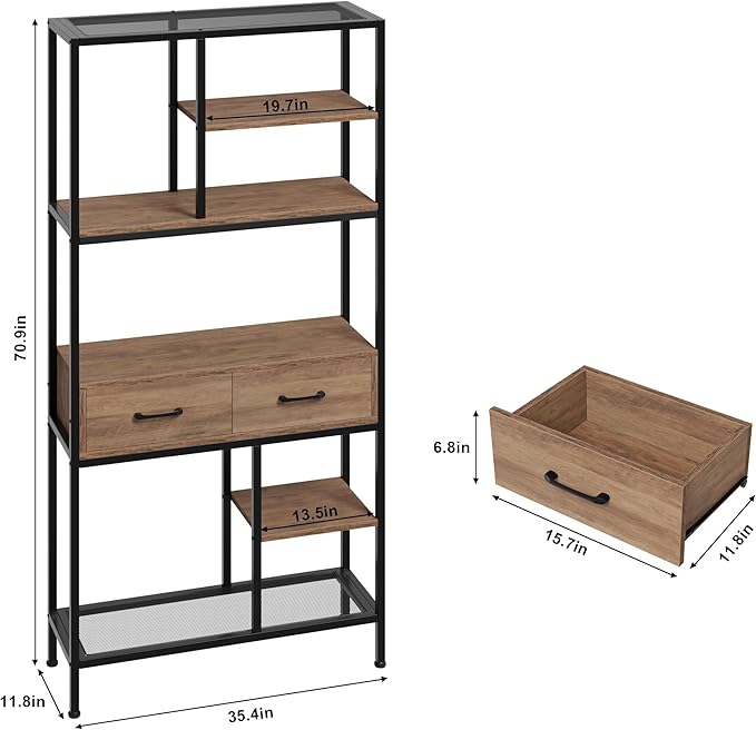 Book Shelf, Tall Bookcase with Storage, 6-Tier Industrial Bookshelf with 2 Wooden Drawers for Home Office and Living Room, Brown - LeafyLoom