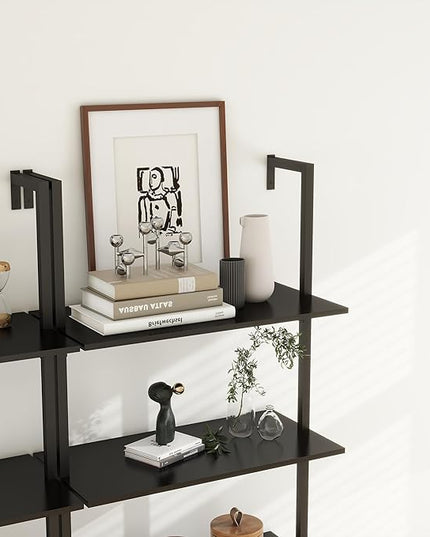 Panana Industrial 5 Tier Ladder Shelf, Open Space Book Shelf Wall Mount Bookshelf with Metal Frame Sturdy Bookcase for Living Room (Black, 5 Tier) - LeafyLoom