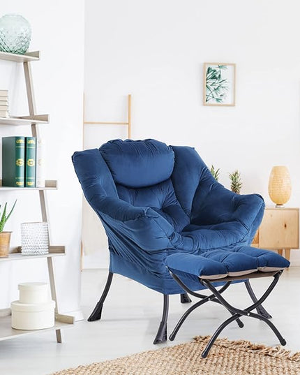 LITA Lazy Chair with Ottoman, Modern Accent Leisure Upholstered Sofa Chair, Contemporary Lounge Reading Chair with Armrests and a Side Pocket for Living Room, Bedroom & Small Space, Royal Blue - LeafyLoom