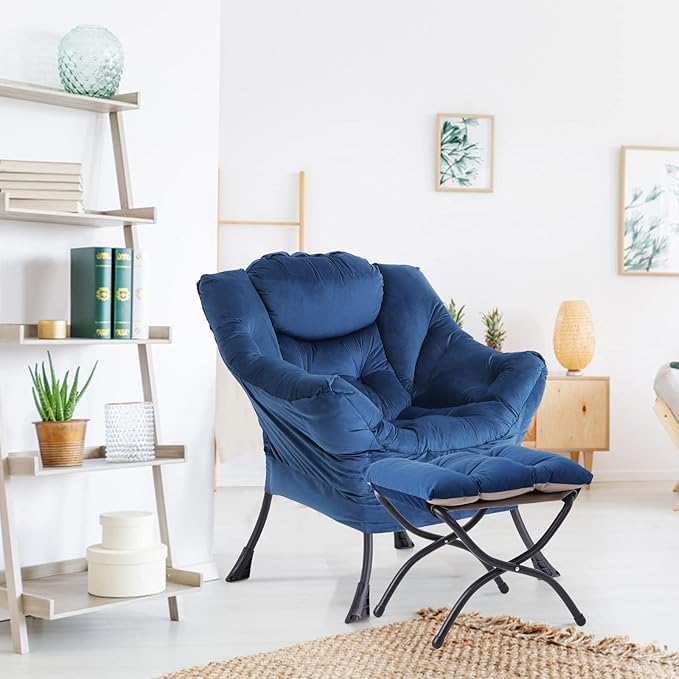 LITA Lazy Chair with Ottoman, Modern Accent Leisure Upholstered Sofa Chair, Contemporary Lounge Reading Chair with Armrests and a Side Pocket for Living Room, Bedroom & Small Space, Royal Blue - LeafyLoom