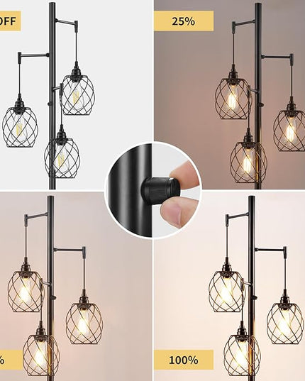 70" Dimmable Floor Lamp for Living Room, Industrial 3-light Tree Floor Lamp Black with Cages, Farmhouse Rustic Tall Standing Lamp Floor Lighting for Bedroom Office, LED Edison Bulbs - LeafyLoom