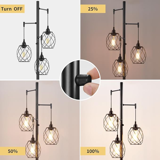 70" Dimmable Floor Lamp for Living Room, Industrial 3-light Tree Floor Lamp Black with Cages, Farmhouse Rustic Tall Standing Lamp Floor Lighting for Bedroom Office, LED Edison Bulbs - LeafyLoom