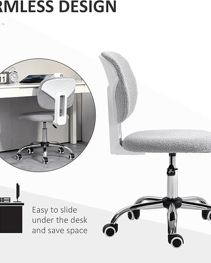 Vinsetto Cute Armless Office Chair, Teddy Fleece Fabric Computer Desk Chair, Vanity Task Chair with Adjustable Height, Swivel Wheels, Mid Back, Light Gray - LeafyLoom