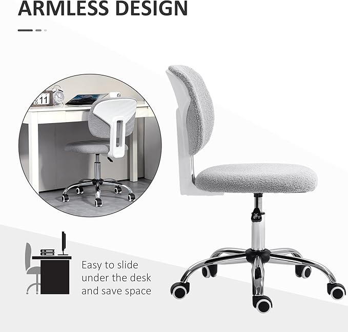 Vinsetto Cute Armless Office Chair, Teddy Fleece Fabric Computer Desk Chair, Vanity Task Chair with Adjustable Height, Swivel Wheels, Mid Back, Light Gray - LeafyLoom