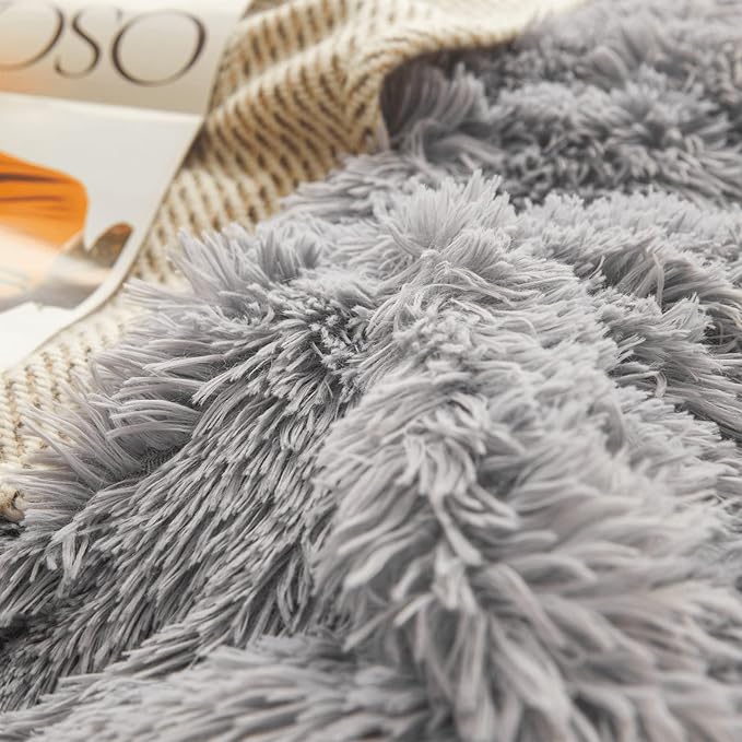 FOPPA Gray Fuzzy Plush Comforter Cover Set Queen - Ultra Soft Plush Gray Bedding Sets 3 Pieces (1 Faux Fur Duvet Cover + 2 Shaggy Pillow case) Fluffy Bed Set (Gray, Queen) - LeafyLoom