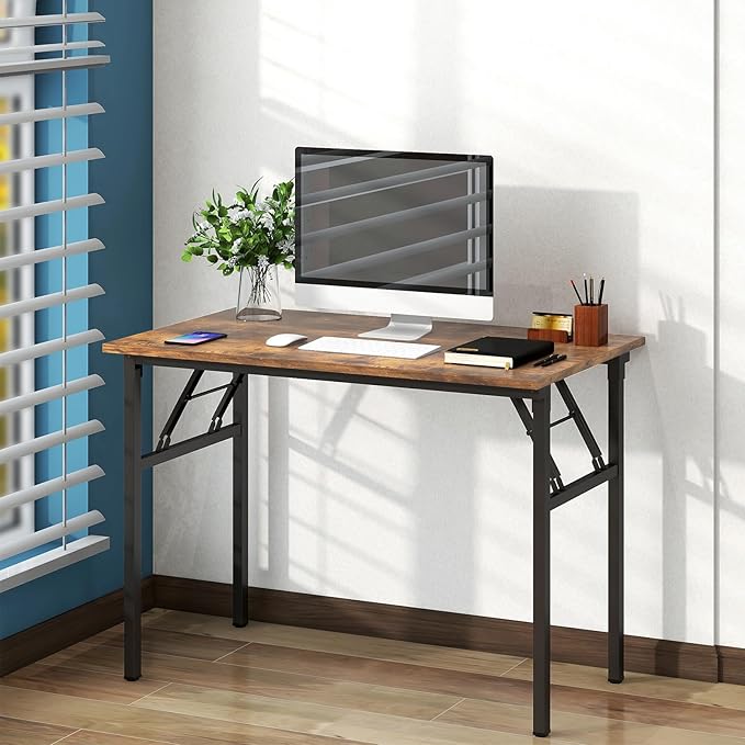 Need Folding Desk for Home Office 39-3/8 inch Length Modern Folding Table Computer Desk No Install Needed Rustic Brown Desktop Black Frame AC5FB(100 * 60) - LeafyLoom