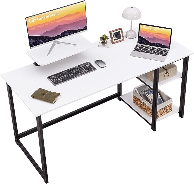 GreenForest Computer Home Office Desk with Monitor Stand and Reversible Storage Shelves,55 inch Modern Simple Writing Study PC Work Table,White - LeafyLoom