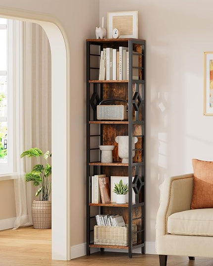 YITAHOME Narrow Bookshelf, 5-Tier Industrial Book Shelf Storage Rack, Display Shelves Stand Etagere for Small Spaces, Open Bookcase for Bedroom Living Room Bathroom Kitchen, Rustic Brown - LeafyLoom