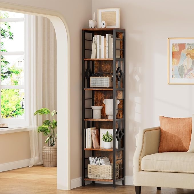 YITAHOME Narrow Bookshelf, 5-Tier Industrial Book Shelf Storage Rack, Display Shelves Stand Etagere for Small Spaces, Open Bookcase for Bedroom Living Room Bathroom Kitchen, Rustic Brown - LeafyLoom