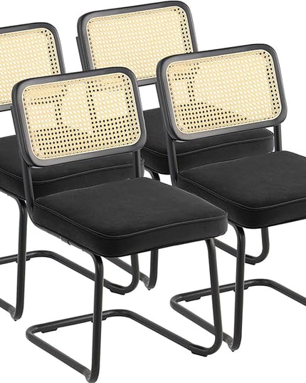 VEVOR Rattan Dining Chairs Set of 4, Mid Century Modern Dining Chair, Upholstered Velvet Accent Chair with Rattan Back, Retro Dining Room Kitchen Chair for Living Room, Bedroom, Office (18.1 Inch) - LeafyLoom
