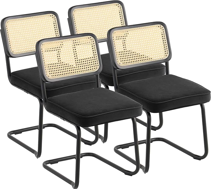 VEVOR Rattan Dining Chairs Set of 4, Mid Century Modern Dining Chair, Upholstered Velvet Accent Chair with Rattan Back, Retro Dining Room Kitchen Chair for Living Room, Bedroom, Office (18.1 Inch) - LeafyLoom