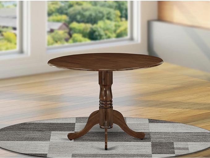 East West Furniture DLT-AWA-TP Dublin Dining Room Table - a Round Solid Wood Table Top with Dropleaf & Pedestal Base, 42x42 Inch, Walnut - LeafyLoom