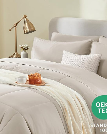 CozyLux King Size Comforter Sets - 7 Pieces Bed in a Bag Set Beige, Bedding Sets King with All Season Quilted Comforter, Flat Sheet, Fitted Sheet, Pillowcases, Beige, King - LeafyLoom
