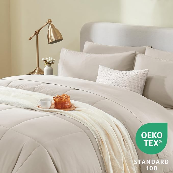 CozyLux King Size Comforter Sets - 7 Pieces Bed in a Bag Set Beige, Bedding Sets King with All Season Quilted Comforter, Flat Sheet, Fitted Sheet, Pillowcases, Beige, King - LeafyLoom