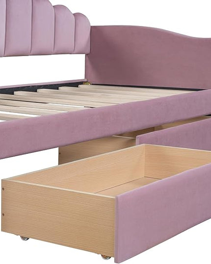 Twin Size Upholstered Daybed with 2 Drawers and Striped Headboard, Solid Wood Velvet Bed with USB Charging Ports, Space-Saving Design, No Box Spring Needed, for Living Room, Bedroom, Dorm, Pink - LeafyLoom