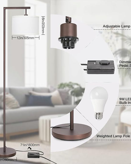 Fully Dimmable Floor Lamp, Brown Floor Lamp with Adjustable Hanging Shade & Foot Switch, Modern Arched Reading Lamp Corner Light Standing Lamp for Living Room, Office, LED Bulb Included - LeafyLoom