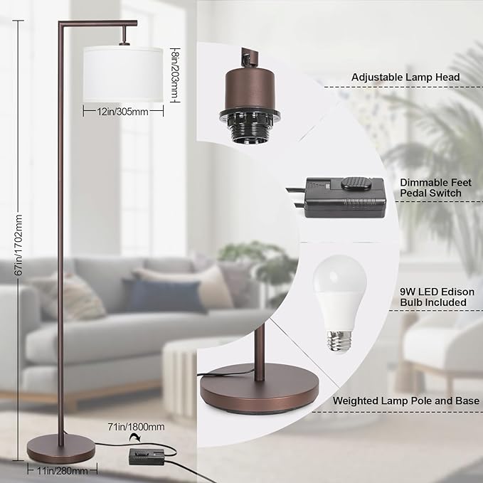 Fully Dimmable Floor Lamp, Brown Floor Lamp with Adjustable Hanging Shade & Foot Switch, Modern Arched Reading Lamp Corner Light Standing Lamp for Living Room, Office, LED Bulb Included - LeafyLoom