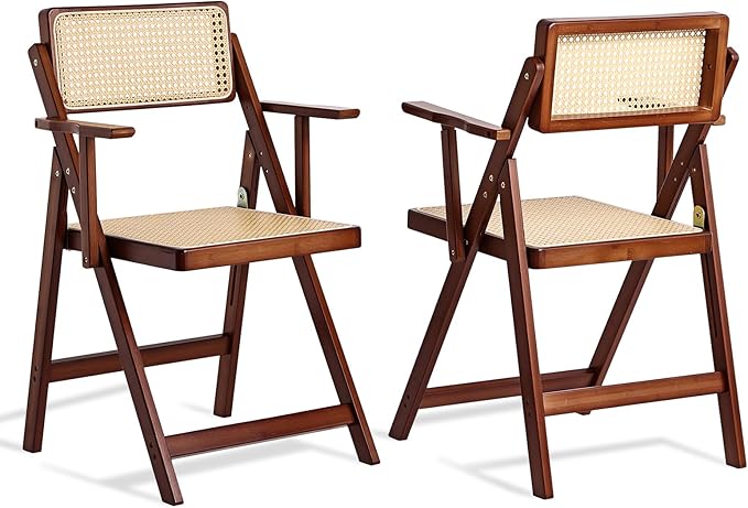 Rattan Folding Dining Chairs Set of 2, Modern Mid Century Dining Chairs with Arms, Outdoor Bamboo Chairs for Bedroom, Living Room, Reading Room, Walnut - LeafyLoom