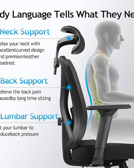 KERDOM Ergonomic Office Chair Desk Chair Comfortable Mesh Gaming Computer Swivel Rolling Chair, High Back Office Chair with Wheels, Headrest, 3D Armrest and Lumbar Support Home Office Desk Chair Black - LeafyLoom