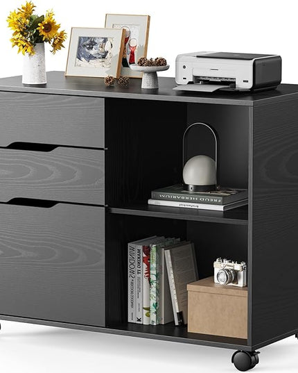 Sweetcrispy 3-Drawer File Cabinet, Lateral Mobile Filing Cabinet Wood Storage Organizer with Wheels, Printer Stand & Open Shelves for Home Office Under Desk Organization - Black - LeafyLoom