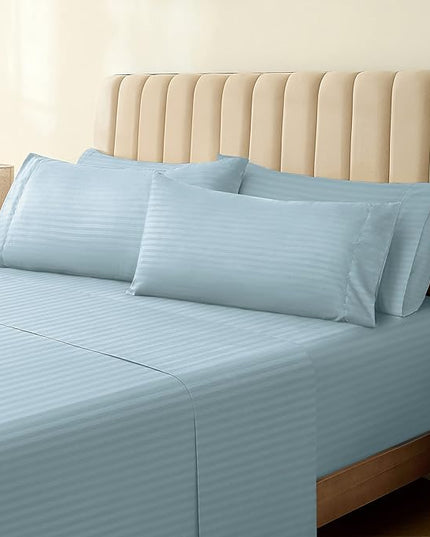 LuxClub 6 PC Cal King Size Sheet Set Bed Sheets, Breathable Luxury Bed Sheets, Deep Pockets 18" Wrinkle Free Cooling Bed Sheets Machine Washable Hotel Bedding (Cal King, Striped Light Blue) - LeafyLoom