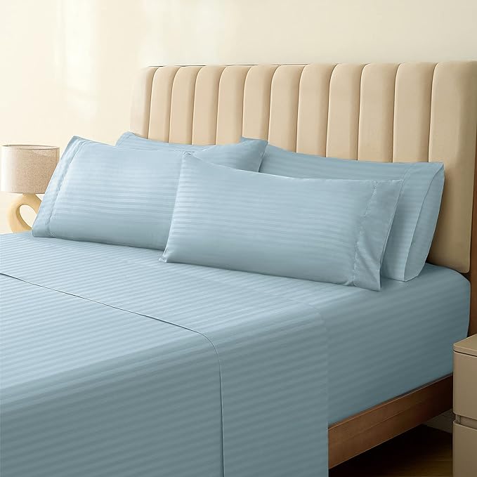 LuxClub 6 PC Cal King Size Sheet Set Bed Sheets, Breathable Luxury Bed Sheets, Deep Pockets 18" Wrinkle Free Cooling Bed Sheets Machine Washable Hotel Bedding (Cal King, Striped Light Blue) - LeafyLoom