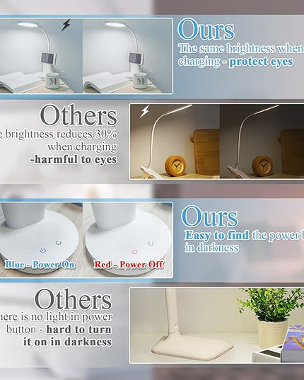 GOLSPARK Battery Operated Desk Lamp LED Rechargeable 4500mAh White LED Desk Lamps Dimmable, Touch Control 360°Flexible Dorm Reading Lamp for Students-3 Color Modes with Pen Holder Phone Stand - LeafyLoom