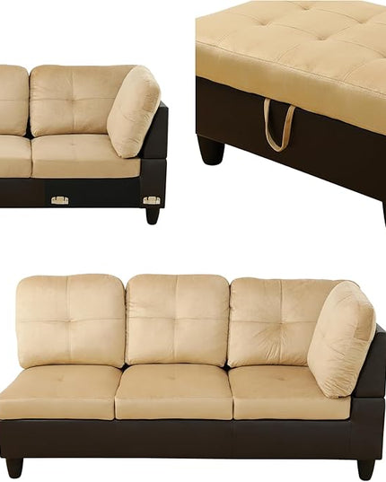 L Shaped Sofa with Ottoman Modern Sectional Living Room, Bedroom, Office, L Couch Ginger Leather - LeafyLoom