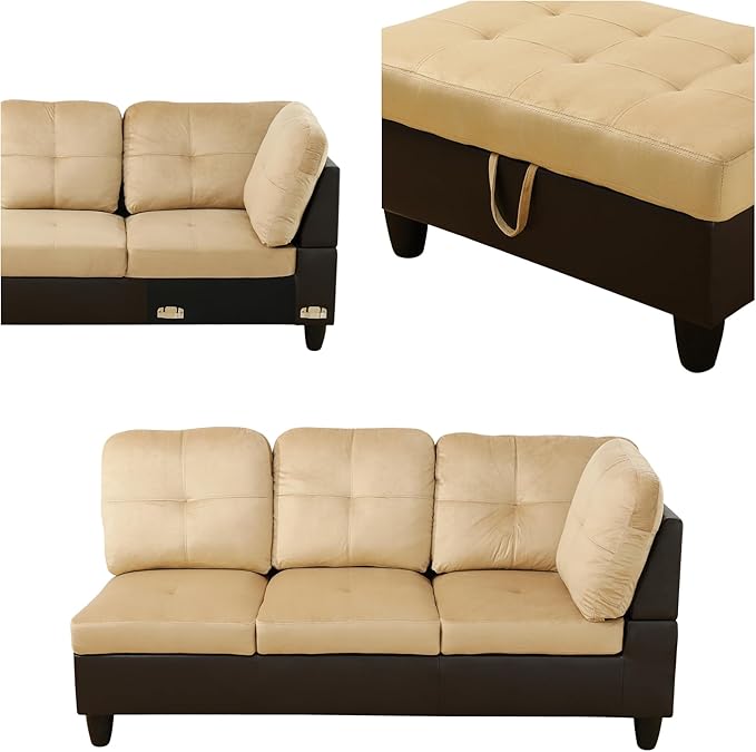 L Shaped Sofa with Ottoman Modern Sectional Living Room, Bedroom, Office, L Couch Ginger Leather - LeafyLoom